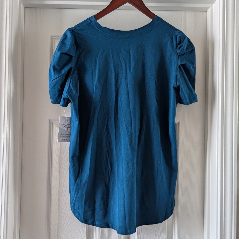 NWT Elegantees Monet puff sleeve henley in tidal teal - Picture 3 of 5